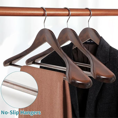 ABHENG Solid Wood Suit Hangers, 10 Pack, Coat Hangers with Non Slip Trouser Bar, 360° Swivel Hook, Heavy Duty Wide Hangers for Suit, Coat, Jacket, Trousers, Pants,17.3" W x 9", Dark Walnut AWY0410H