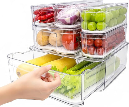 SMRCAD 6 Pack Refrigerator Organizers, Clear Pull-out Drawer Container and Organizer Bins with Lids, Stackable Storage Containers for Fruits, Vegetable (Set of 6 (Include Pull-out Drawer))