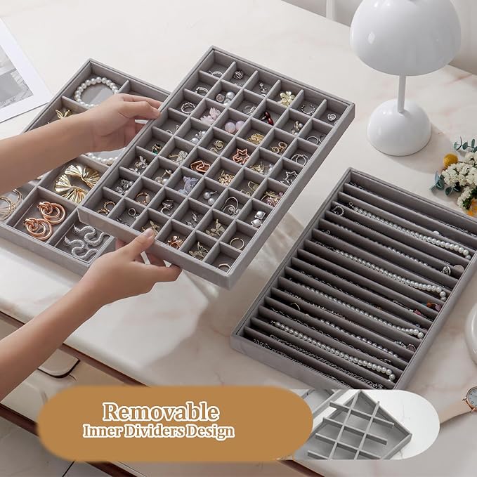 KATISYIO Large Velvet Jewelry Tray 2 Pack Stackable Jewelry Display Drawer Inserts Trays Organizer for Earring Bracelet Necklace Ring (Gray, 48 Grids)