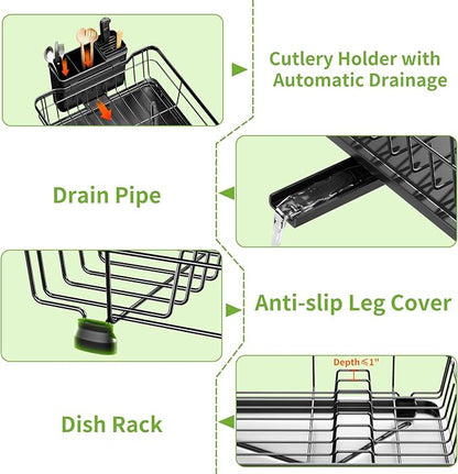 BULIJUJU Small Dish Drying Rack, Space Saving Dish Racks for Kitchen Counter, Kitchen Organizer Dish Drainer with Cutlery Holder for Spoons and Forks, 11''W x 15''L, Black