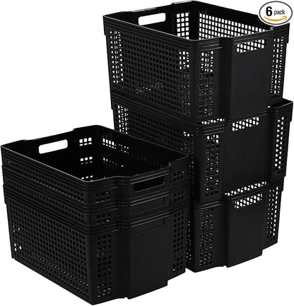 6-Pack Plastic Stackable Baskets, Stacking Plastic Storage Basket, Black