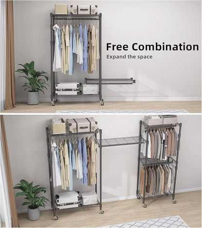 BATHWA Heavy Duty Garment Racks,35.5" D x 16.5" W x 80.7" H, Rolling Clothes Rack with Shelves Wheels 2 Rods for Shirt Clothing Hanging Tall Wardrobe Closet Multifuctional for Bedroom Laundry balcony