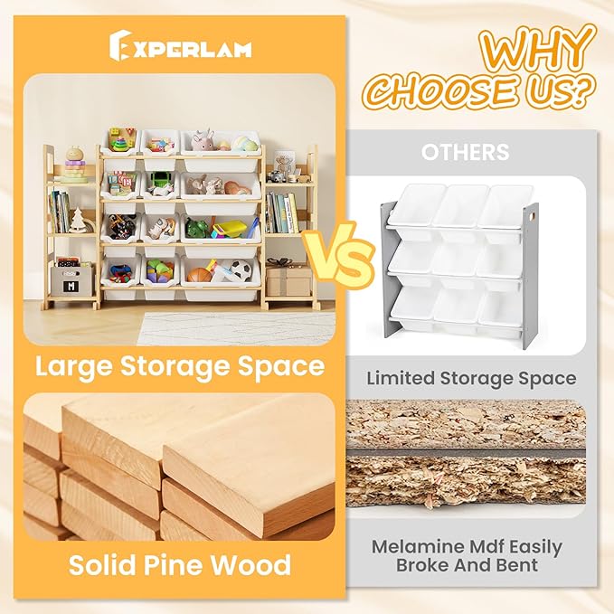 Extra Large Toy Storage - Toy Storage Organizer, Wooden Toy Organizer with 6 Side Shelves and 12 Bins, 3-in-1 Bookshelf for Kids Rooms, Playroom, Nursery, White