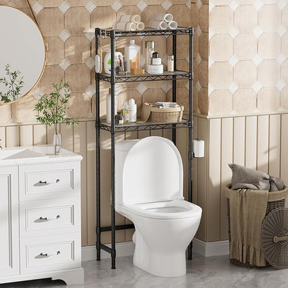 Golpart 3-Tier Over The Toilet Storage Shelf,Heavy Duty Adjustable Metal Bathroom Rack with Toilet Paper Holder & Hooks,Space-Saving Organizer for Bathroom,10”D x 24”W x 66”H,Black