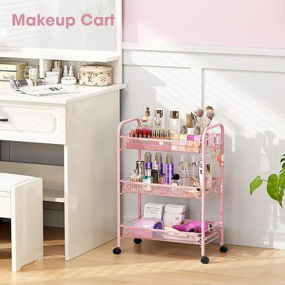 TOOLF 3 Tier Rolling Utility Cart - Durable Metal Design Pink Utility Cart, Storage Trolley on Wheels with 3 Hooks, Perfect for Kitchen, Bathroom & Laundry Room Organization