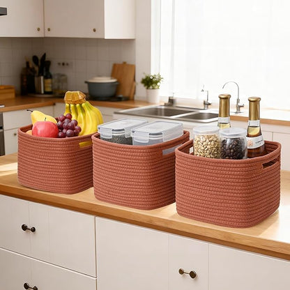 3 Pack Cube Storage Bin, 9”x9”x7” Cotton Rope Woven Baskets for Organizing Toys Clothes Towels, Square Gift Storage Baskets for Shelf, Nursery, Closet, Bathroom, Pantry (Red)