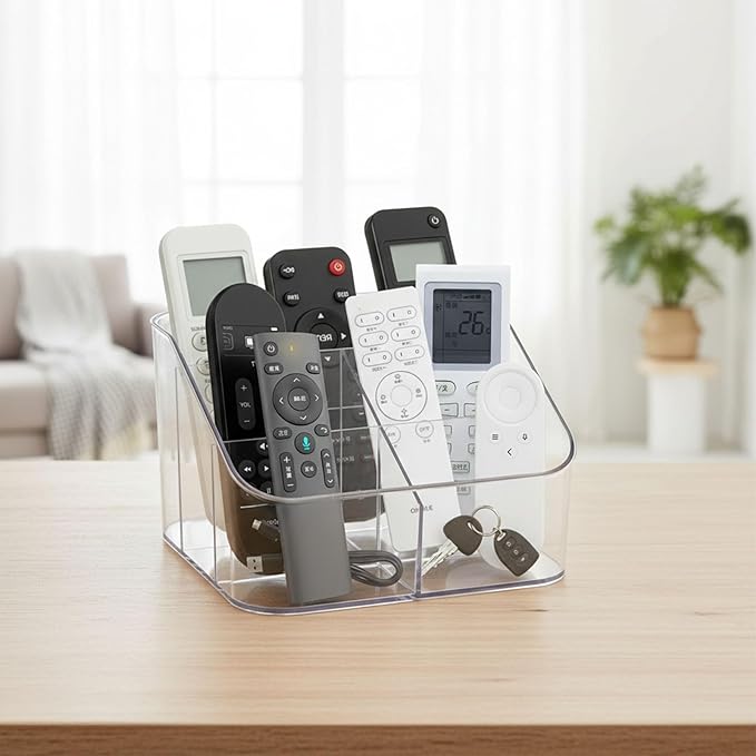 Remote Control Holder, Clear Plastic Remote Caddy for Desk and Nightstand Storage, Space-Saving Desk Organizer with See-Through Design for Living Room and Desk Accessories, 5 Compartments