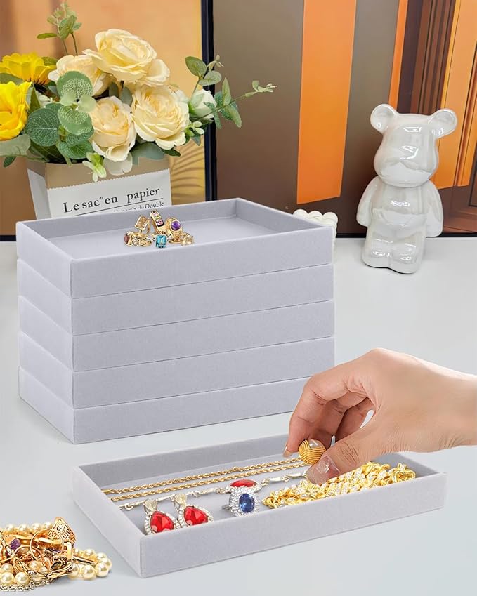 Velvet Jewelry Trays, 12pcs Stackable Jewelry Trays Velvet Tray, Jewelry Drawer Organizer Inserts Jewelry Display Tray For Necklace Earring Ring Bracelet,8.26 x 4.92 x 0.98 Inches