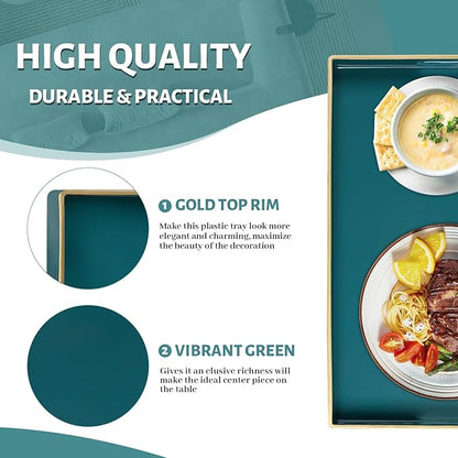 MAONAME Teal Serving Tray with Handles, Modern Decorative Tray for Coffee Table, Plastic Rectangular Trays for Ottoman, Bathroom, Decor, 15.8” x 10.2” x 1.4"