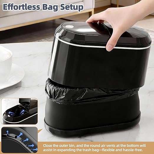 Mini Trash Can for Desk with 5 Rolls of Trash Bags, Small Press-Top Countertop Garbage Bin, Removable Waste Basket for Bedroom, Vanity, Coffee Table, Kitchen (Black Half-Lid)