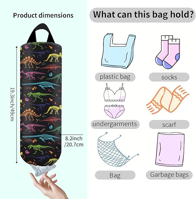 Plastic Bag Holder, Wall Mount Grocery Bag Organizer, Funny Hanging Trash Bag Storage Dispenser for Home Kitchen Cute Colorful Dinosaur