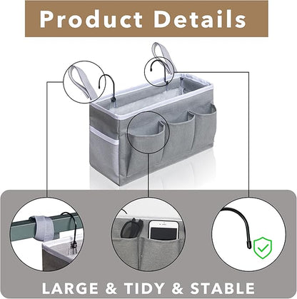Kanrichu Beside Caddy Storage Organizer, Hanging Bag Holder with Pockets for Bedroom, Loft Bed Tent, Bed Curtain, Top Bunk bed Shelf Accessories Bedside Caddy 3-pocket (Gray_1pcs)