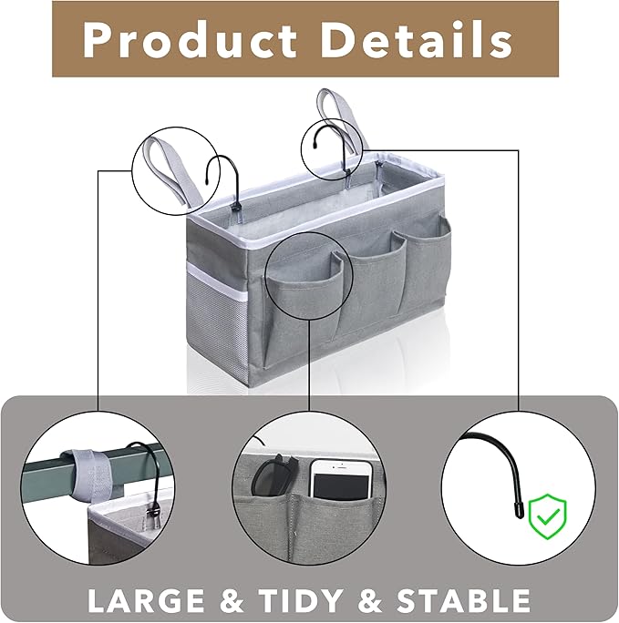 Kanrichu 2pcs Bedside Caddy Storage Organizer, Hanging Bag Holder with Pockets for Bedroom, Loft Bed Tent, Bed Curtain, Top Bunk bed Shelf Accessories (Khaki)