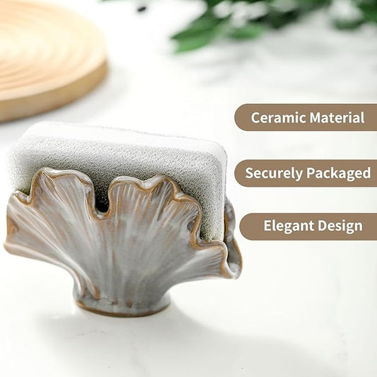 Uiddo Ceramic Sponge Holder,Sponge Holder for Kitchen Sink,Compact Sink Caddy Organizer-Scouring Pad and Dish Holder,Farmhouse Kitchen Decor Cute Gadgets Accessories(Brown Grey)