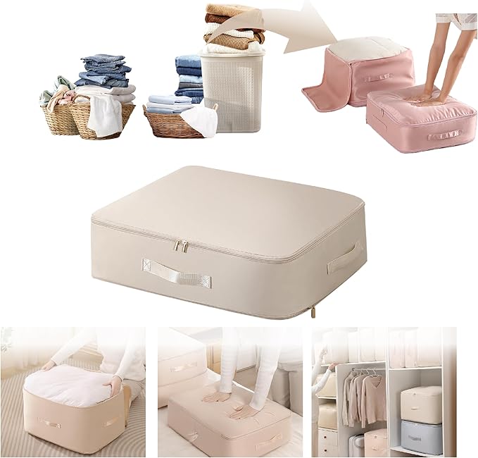 SINKZAICO Ultra Space Saving Self Compression Organizer,Packing Cubes,Waterproof And Moisture-Proof,High Capacity,For Blankets Clothes Duvet Comforter（Oatmeal 21.2 * 16.2 * 11.8 In）
