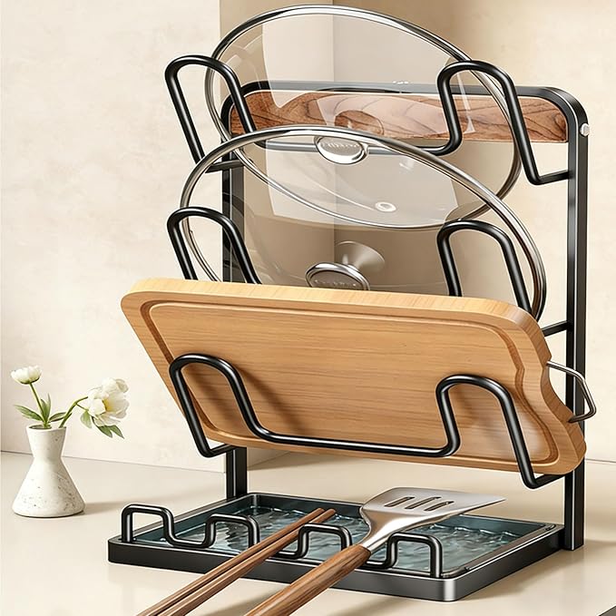 Lid Holder While Cooking, Countertop Pot Lid Organizer, To Keep Cooking Utensils Handy, Comes with A Draining Tray, Suitable for Holding Pot Lids and Spoons for Pots, Pans Three stories