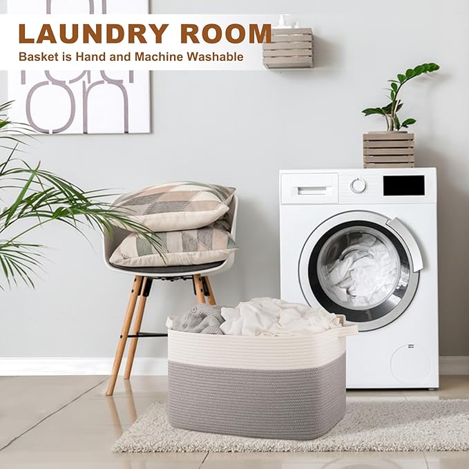 Blanket Basket for Living Room, Cotton Rope Basket for Storage, Toy Baskets Bin for kids, Woven Baskets with Handles for Clothes, Towels, Pillows, 20" x 16" x 12", Grey and White