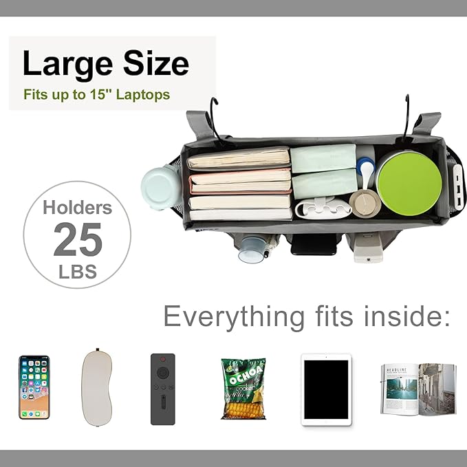 Surblue Bedside Organizer with Hook Caddy Hanging Storage Bag with Adjustable Straps and Water Bottle Holder for Home, College Dorm, Hospital Bed, Grey, 2PCS