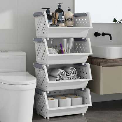 4-Pack Plastic Kitchen Stackable Storage Basket, Stacking Organizer Basket, White