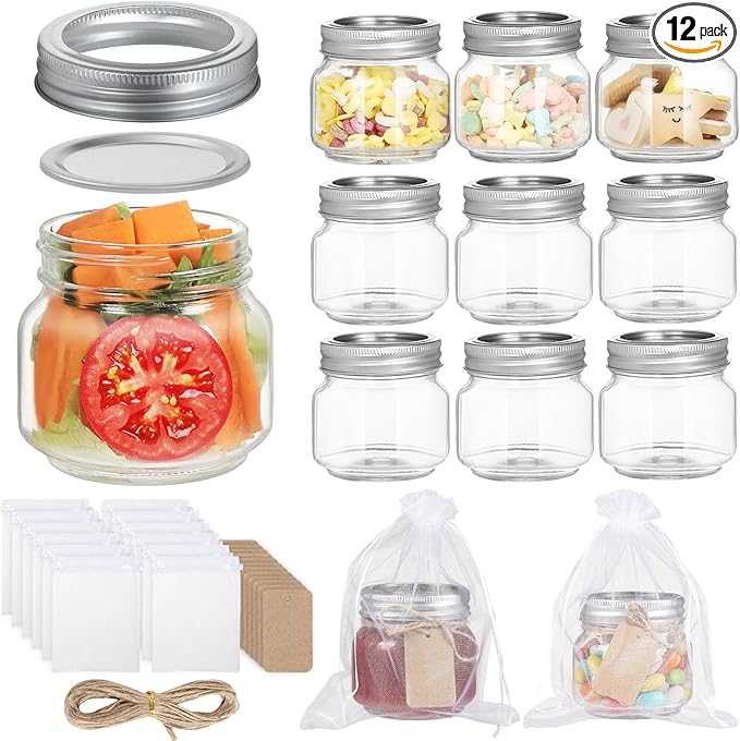 Mason Jars 8oz，Small Mason Jars， Canning Jars with Airtight Metal Covers for Jam, Honey, Spices,Candle， Wedding Favors, Food Storage & DIY Crafts (12 pack)