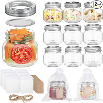 Mason Jars 8oz，Small Mason Jars， Canning Jars with Airtight Metal Covers for Jam, Honey, Spices,Candle， Wedding Favors, Food Storage & DIY Crafts (12 pack)