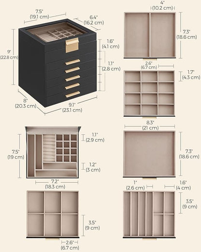 SONGMICS Jewelry Box Organizer with Glass Lid, 6-Layer Jewelry Storage, with 5 Drawers, Modern Style, 8 x 9.1 x 9 Inches, Graphite Black and Gold Color UJBC176B01