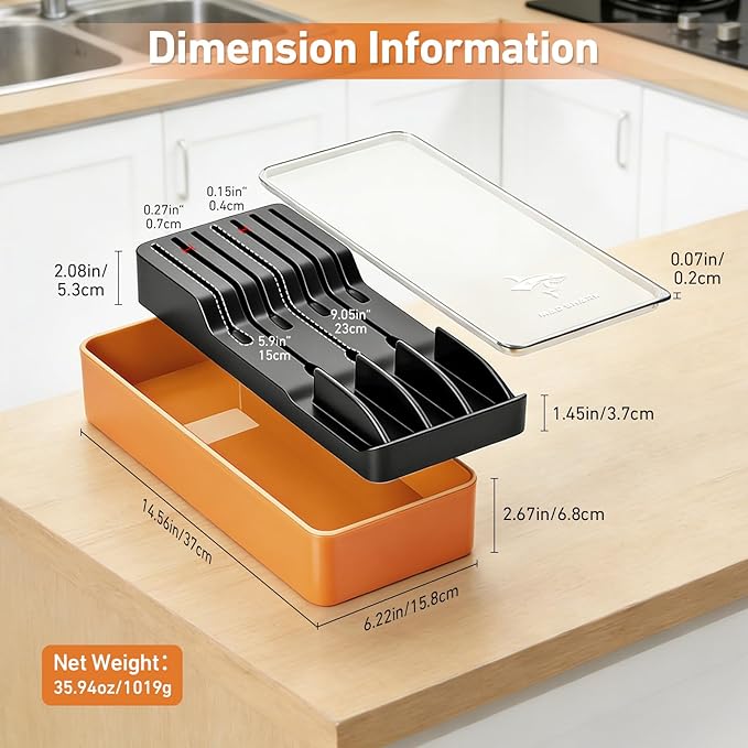 MAD SHARK 2-in-1 Detachable Knife Block & Silverware Organizer, Drawer Knife Holder for 7 Knives, BPA-Free, Blade-Safe Slots, Save Counter Space, Kitchen Drawer or Counter Storage, No Knives