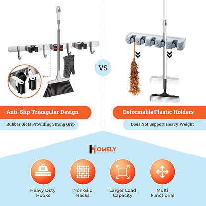 Mop and Broom Holder Wall Mount – Heavy-Duty Closet Organizer for Garage, Kitchen, Laundry Organization – Tool Hanger with 3 racks and 4 hooks