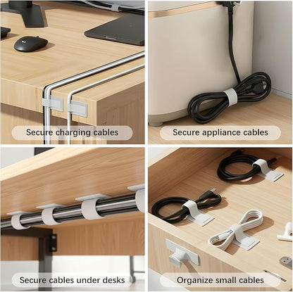 100 Pcs Hook and Loop Cable Straps, Under Desk Cord Management Self Adhesive Cable Ties Adjustable Cord Organizer for Desk Home Office Organization (White)