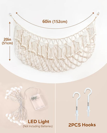 Stuffed Animal Hammock Net with Lights - Big Wall Hanging Stuffed Animal Storage for Plushies and Teddy Bears,Boho Macrame Toy Hammock Organizer Holder for Kids Boys Bedrooms Playroom Nursery （White）