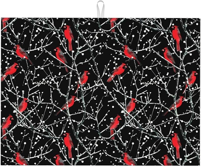 Red Bird Winter Red Cardinals Dish Drying Mat 18x24 For Kitchen Counter Absorbent Microfiber Dishes Pad Dish Drainer Rack Mats Fast Dry Kitchen Accessories