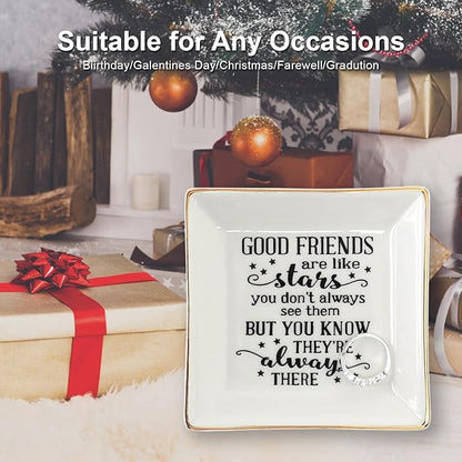 HOME SMILE Good Friends Bestie Birthday Gifts for Women Her Ring Trinket Dish Jewelry Tray-Good Friends are Like Stars - You Don't Always See Them But You Know They're Always There, Friendship Gifts