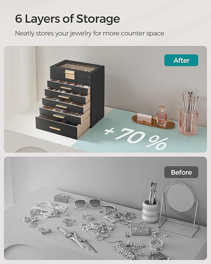 SONGMICS Jewelry Box Organizer with Glass Lid, 6-Layer Jewelry Storage, with 5 Drawers, Modern Style, 6.4 x 9.9 x 11.4 Inches, Graphite Black and Gold Color UJBC171B01