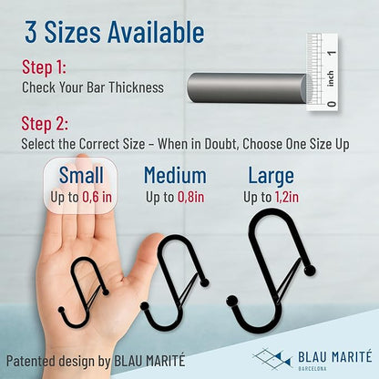 Blau Marité 10-Pack Metal S Hooks for Hanging – Heavy-Duty S-Shaped Hooks with Safety Buckle – Fits Bars up to 0.6 In – Anti-Drop Hook for Kitchen, Pot Racks & Towel Bars – Gold (Small)