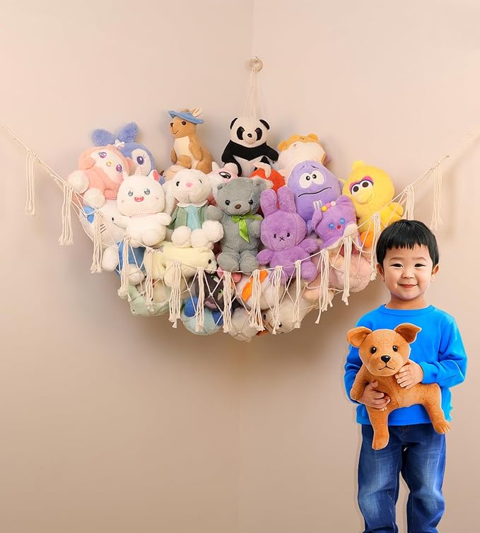 Stuffed Animal Storage Hammock or Net, Large Toy Hammock Net, Macrame Handmade Corner Hanging Plushie Net, Cute Boho Toy Organizer for Nursery, Playroom, Bedroom and Kids Room Decoration