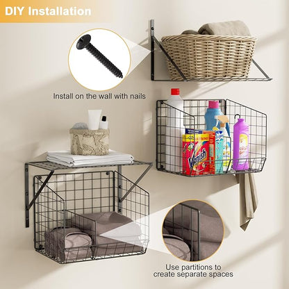 4 Pack Laundry Room Shelves Wall Mounted with Wire Baskets, Laundry Room Organizer and Storage, Over The Washer and Dryer Wire Shelf with 2 Removable dividers and 8 S-Shaped Hooks