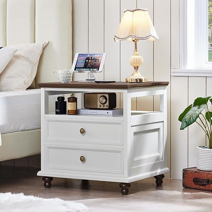 Joaxswe 24" Wide Farmhouse Night Stand Set of 2,Large End Table with 2 Drawers & Metal Handle,White Wood Dresser for Bedroom, Bed Side Table Chest of Drawers Cabinet, Nightstand for Living Room,Closet