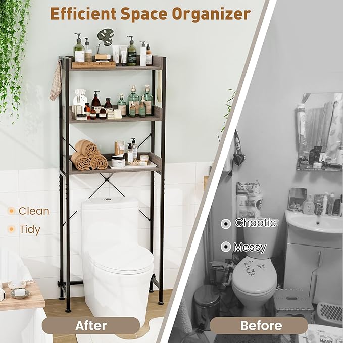 LOKO 3-Tier Over The Toilet Storage Rack, Bathroom Space Saver Shelf, Freestanding Above Toilet Organizer with 4 Hooks, Anti-Tipping Device, Metal Frame Toilet Rack for Balcony Laundry (Grey+Black)