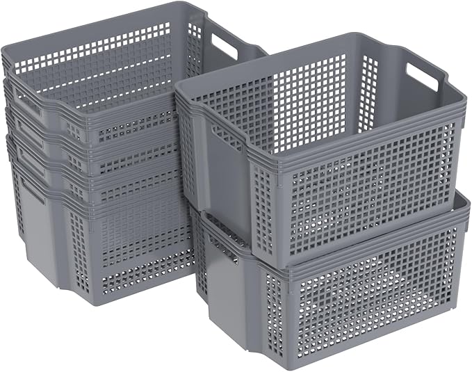Zopnny 6-Pack Stackable Plastic Woven Basket Organizer, Large Stacking Storage Basket Bin, Grey