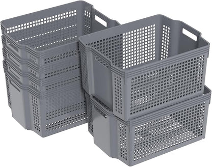 Zopnny 6-Pack Stackable Plastic Woven Basket Organizer, Large Stacking Storage Basket Bin, Grey