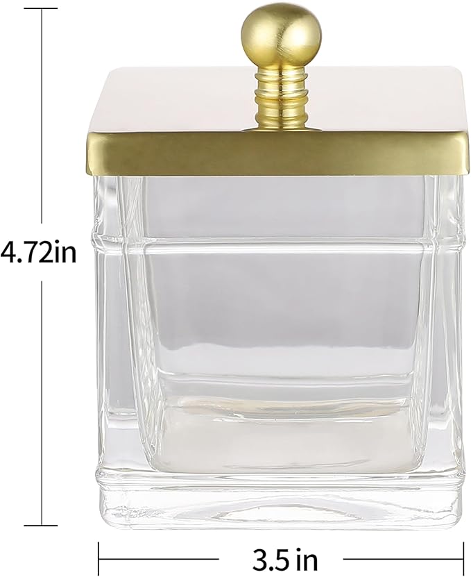 Indecor Home Glass Cotton Jar Holder 2 Pack– Brushed Gold Lid, Elegant Bathroom Storage Canister for Qtips, Cotton Balls, Floss, Makeup Organizer, Vanity & Bathroom Organization