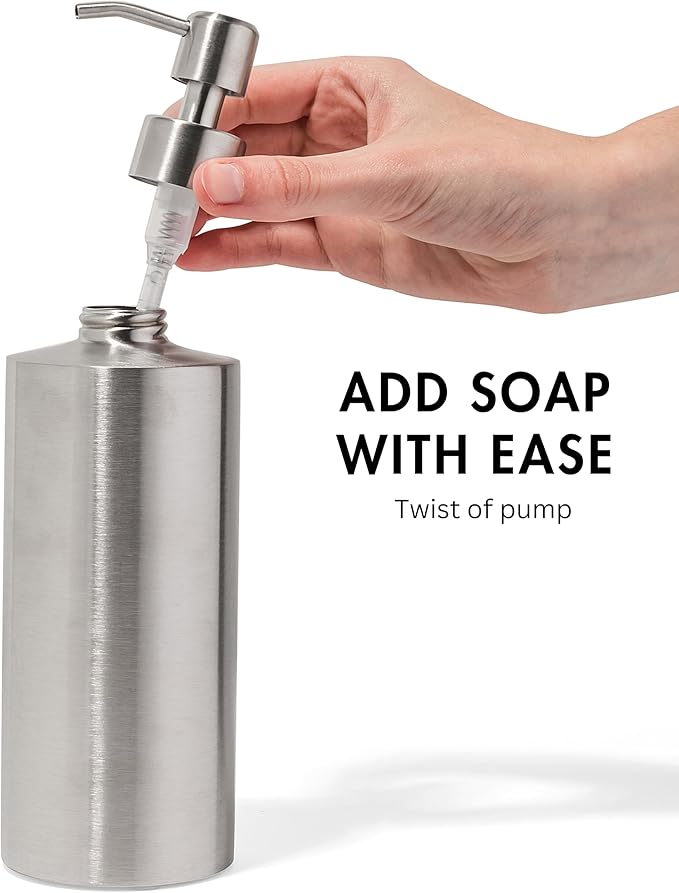 Yew Design Silver Soap Dispenser Stainless Steel for Bathroom and Kitchen Sink, 15oz Refillable Round Rustproof Hand Dish Soap Dispenser Pump for Detergent, Lotion, and Countertop