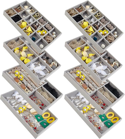 SPAKOWN Jewelry Drawer Organizer Inserts Set of 8, Small Stackable Jewelry Tray with Removable Dividers for Earrings Necklaces Rings Bracelets (Grey)