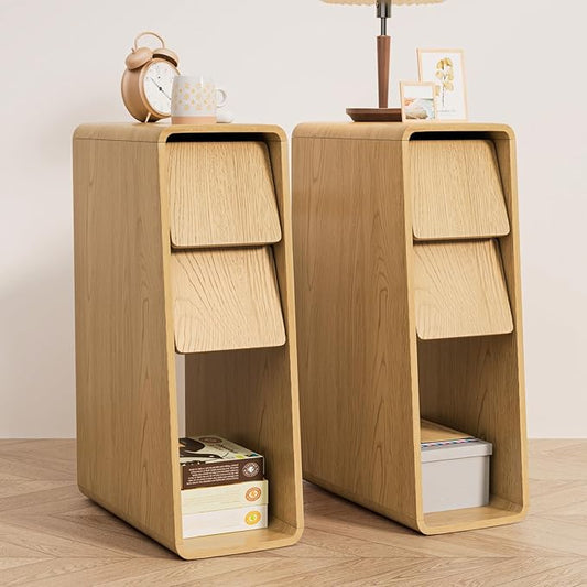 Narrow Nightstand Set of 2, Small Bedside Table, Slim Wooden Night Stand, Mid Century Modern Boho Bed Side Table, Wood Skinny Nightstand with Slanted 2 Drawers, Bedroom, Thin, Oak