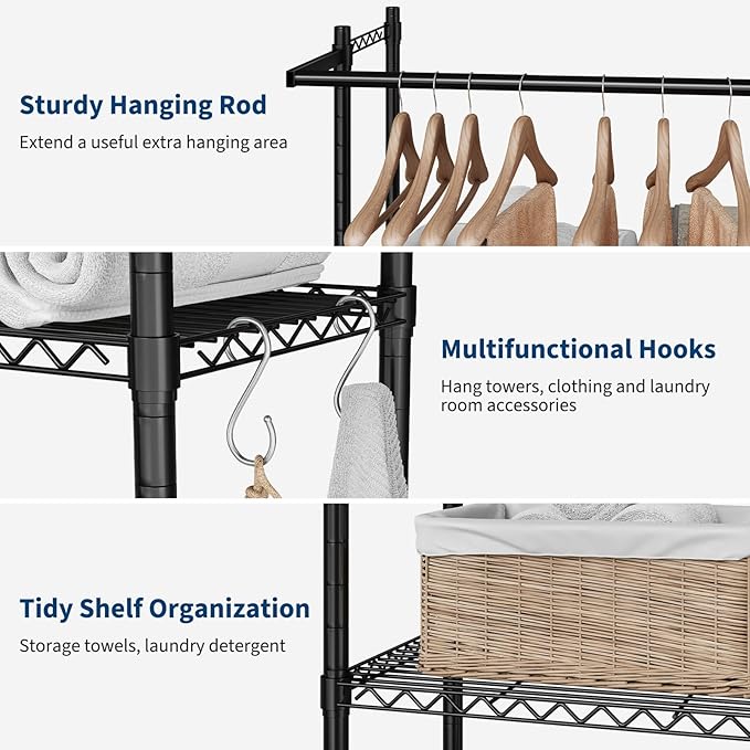 GarveeHome Over Washer and Dryer Storage Shelves, 4 Tiers Above Washer Dryer Storage Rack for Laundry Room Organization, Adjustable Height Clothes Drying Rack with Hanger Rod & Hook, Black