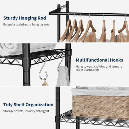 GarveeHome Over Washer and Dryer Storage Shelves, 4 Tiers Above Washer Dryer Storage Rack for Laundry Room Organization, Adjustable Height Clothes Drying Rack with Hanger Rod & Hook, Black