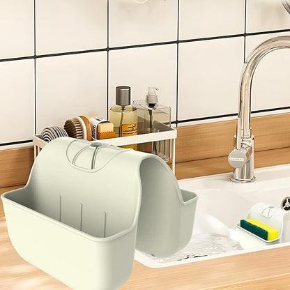 OKeanu Sponge Holder for Kitchen Sink, Silicone Sink Saddle Caddy Organizer Rack, Sponges Holder Over Faucet, Hanging Kitchen Sink Organizer Organizer Accessories Rack Basket - Beige