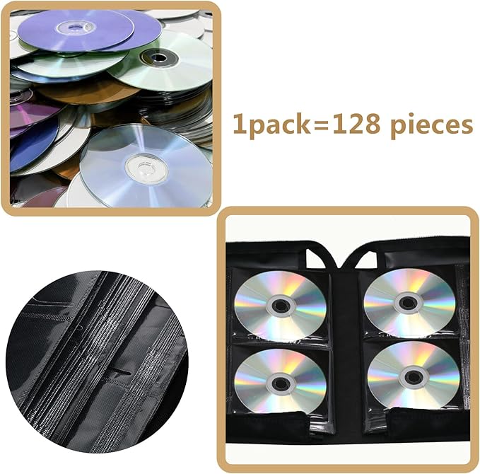 DVD Case CD Storage,128 Capacity CD Cases Holder DVD Storage Case Holders CD DVD Disc Case Storage Wallet Binder for Car Home Office Travel (128 Black)