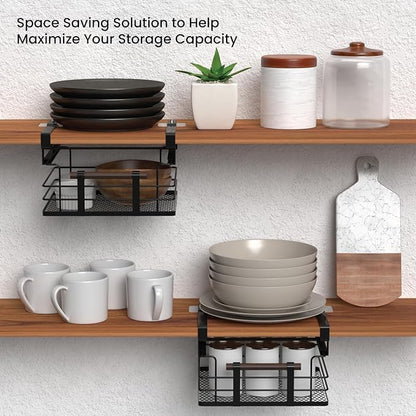 Home Zone Living 2-Pack Under Shelf Pull-Out Drawer Kitchen Cabinet Organizer with Steel Mesh Basket and Wooden Handle, 11 Inch Legnth