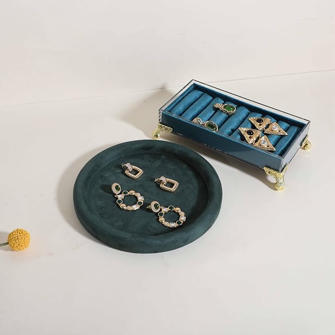 GemeShou Round Jewelry Organizer Plate, Top Microfiber Velvet Jewelry Display Tray, Empty Jewelry Showcase Tray for Necklaces, Bracelets, Rings, Earrings (Green-Medium, 7.9 x 7.9 in)